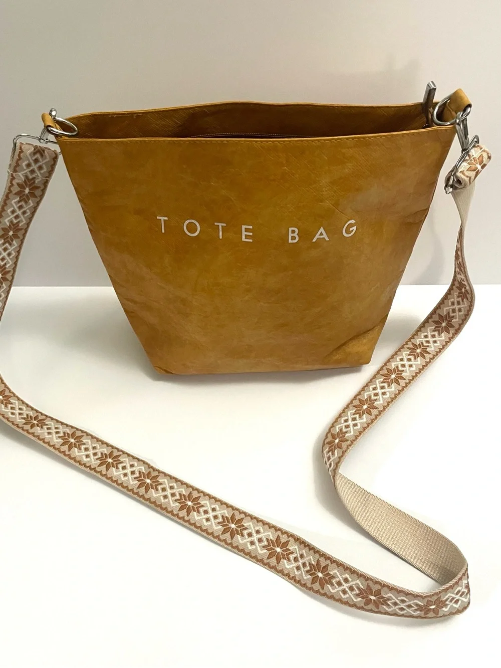Mustard Yellow Crossbody Tote Bag Faux Leather Minimalist Geometric Guitar Strap